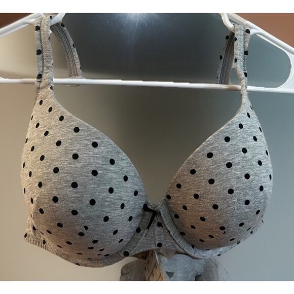 Cacique Lightly Lined T Shirt Bra Gray with Black Polka Dots 42 C Jersey Bow - Picture 1 of 6